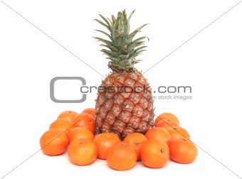 One ripe pineapple and tangerines on a white background