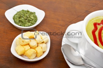 Puree, bread croutons and parsley