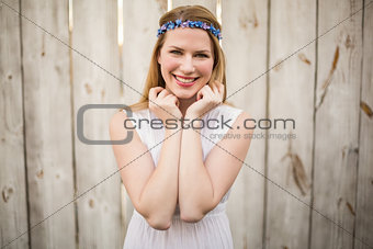 Smiling blonde woman wearing headband