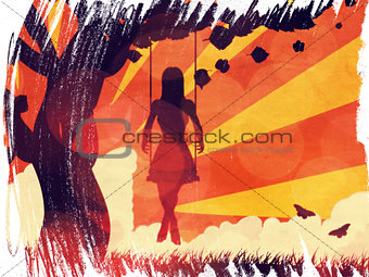 Grunge sunset girl on swing