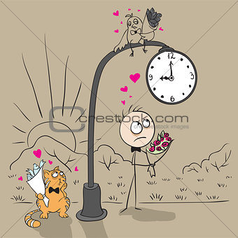 The guy near post with a clock waiting for date with a girl
