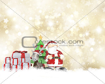 Santa and his reindeer on a golden Christmas background