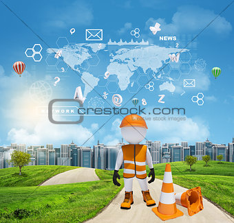 Three-dimensional worker standing on road running through green hills. City of tall buildings as backdrop. World map and other virtual items in sky