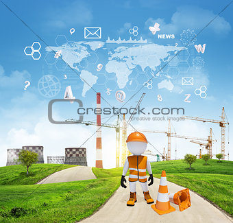Three-dimensional worker standing on road running through green hills. Cooling towers and cranes as backdrop