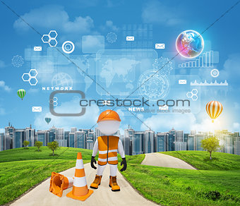 Three-dimensional worker standing on road running through green hills. City of tall buildings as backdrop