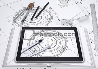Tablet pc, some draftsman's instruments and technical drawing