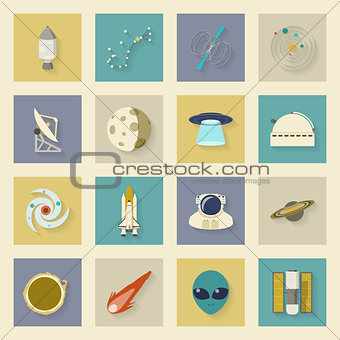 Astronautics and Space flat icons set with shadows