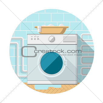 Flat vector icon of washing machine in bathroom