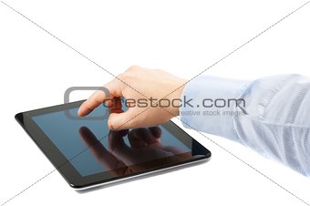 businessman hand touch tablet pc on table