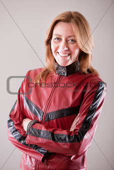 hard rock woman in red leather jacket