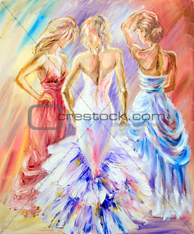 Beautiful women at the ball. Oil painting.