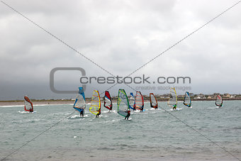 Atlantic wind surfers racing in the storm winds