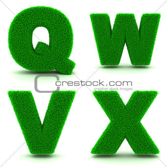 Letters Q, W,V, X of 3d Green Grass - Set.