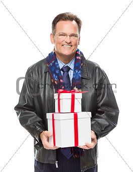Man Wearing Black Leather Jacket Holding Christmas Gifts on Whit
