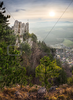 Ruins of a Castle with Mountains and Village in Background