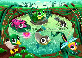 Funny animals in the pond