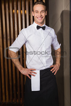 Handsome waiter posing and standing hands on hips