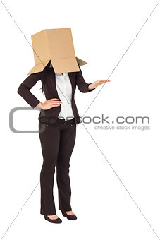 Businesswoman presenting with box over head