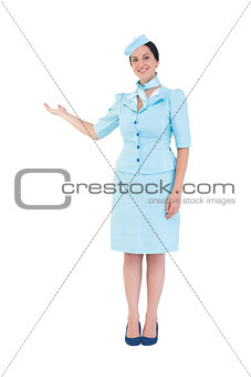 Pretty air hostess showing with hand