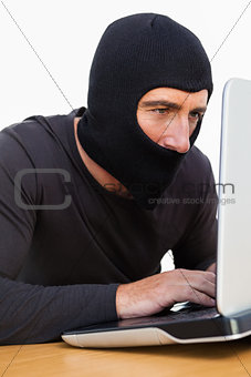 Burglar with balaclava using laptop