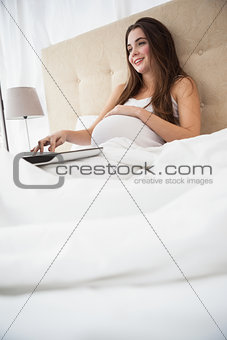 Pregnant brunette using laptop in bed