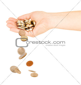 hand holding coins isolated on white.