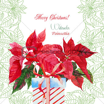 Background  with bouquet of red poinsettia and box