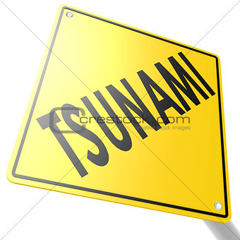 Road sign with tsunami