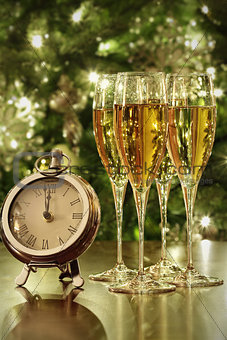 Champagne glasses, clock with lights 