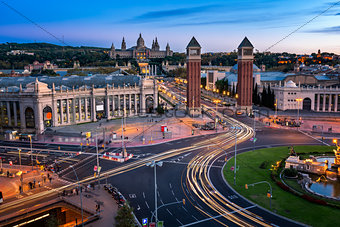 Aerial View on Placa Espanya and Montjuic Hill with National Art
