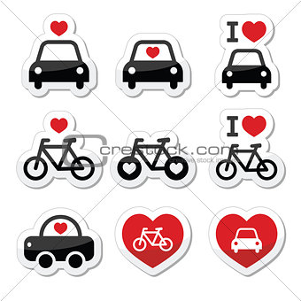 I love cars and bikes icons set