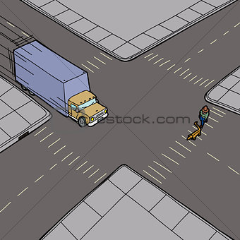 Truck Speeding and Person on Street