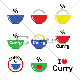 Curry, Indian spicy food icons set