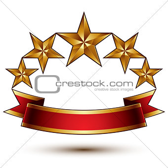Royal golden symbolic five stylized glossy stars with red curvy 