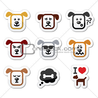 Dog icons set - happy, sad, angry isolated on white