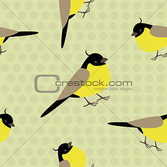 Seamless pattern with adorable yellow birds on a polkadot background