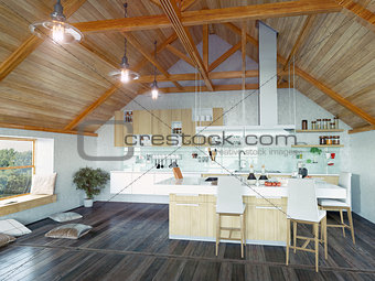 kitchen interior in the attic