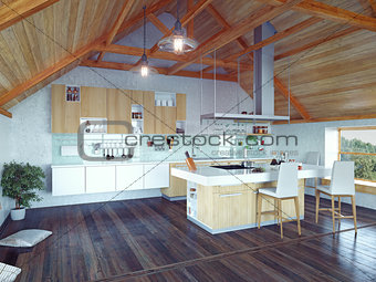 kitchen interior in the attic
