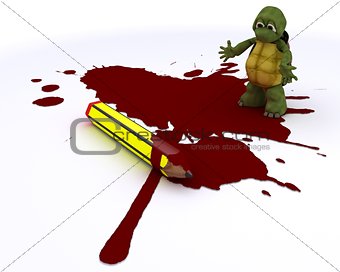 cartoonist tortoise with pencil and blood