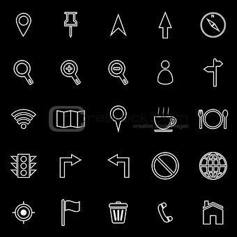 Map line icons on black background