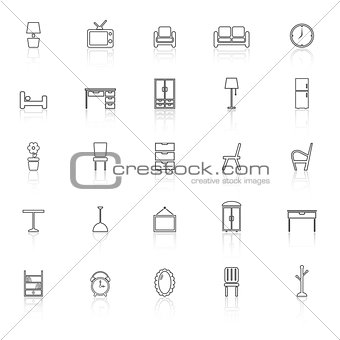 Furniture line icons with reflect on white background
