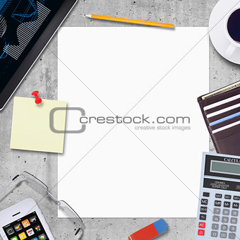 Blank paper with office and business work elements around