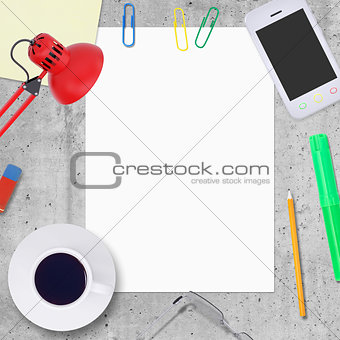 Blank paper sheet with office work elements around