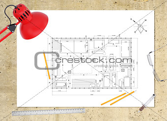 Technical plan of building on workplace. table-lamp, ruler, pencils compasses and eyeglasses around