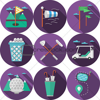 Circle flat vector icons for golf