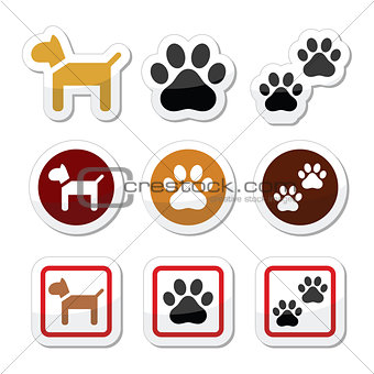 Dog, paw prints vector icons set