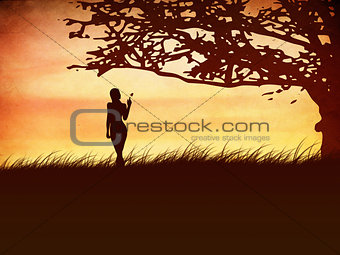 Silhouette of a girl with a butterfly and tree