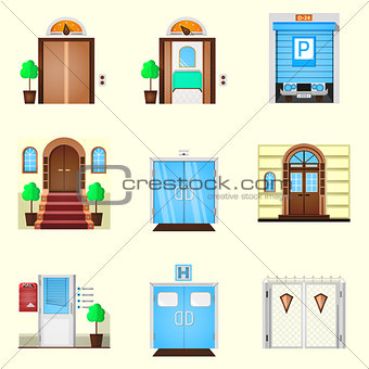 Stylized colorful vector icons for door