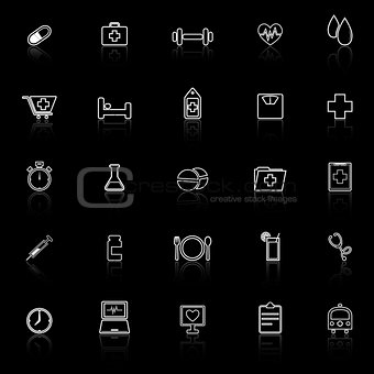 Health line icons with reflect on black background