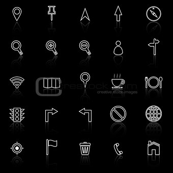 Map line icons with reflect on black background